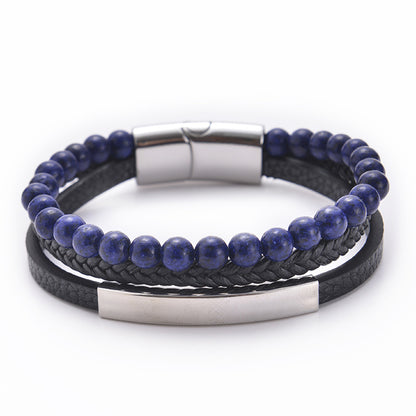 Multi layer natural stone leather bracelet with stainless steel magnetic buckle