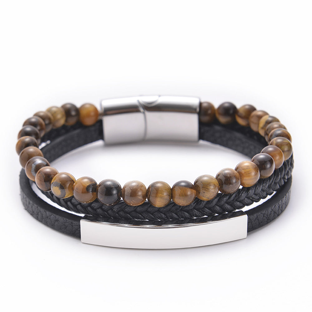 Multi layer natural stone leather bracelet with stainless steel magnetic buckle