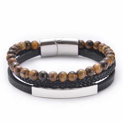 Multi layer natural stone leather bracelet with stainless steel magnetic buckle