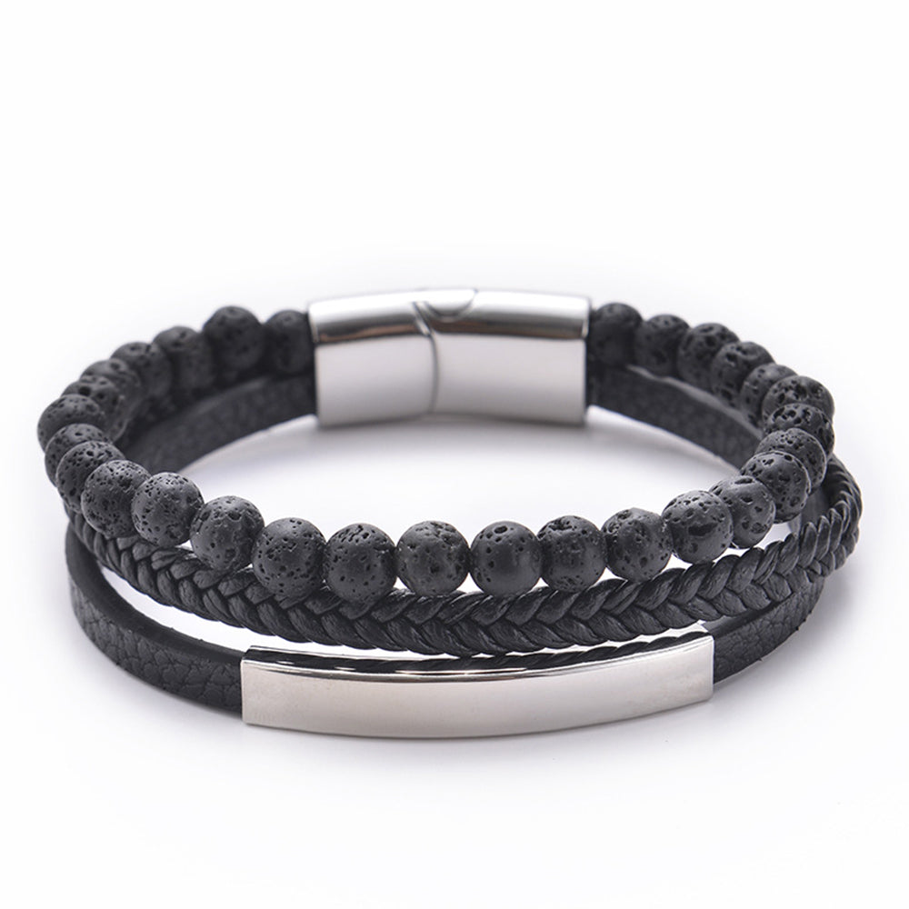 Multi layer natural stone leather bracelet with stainless steel magnetic buckle