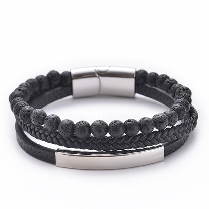 Multi layer natural stone leather bracelet with stainless steel magnetic buckle