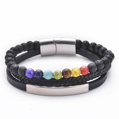 Multi layer natural stone leather bracelet with stainless steel magnetic buckle
