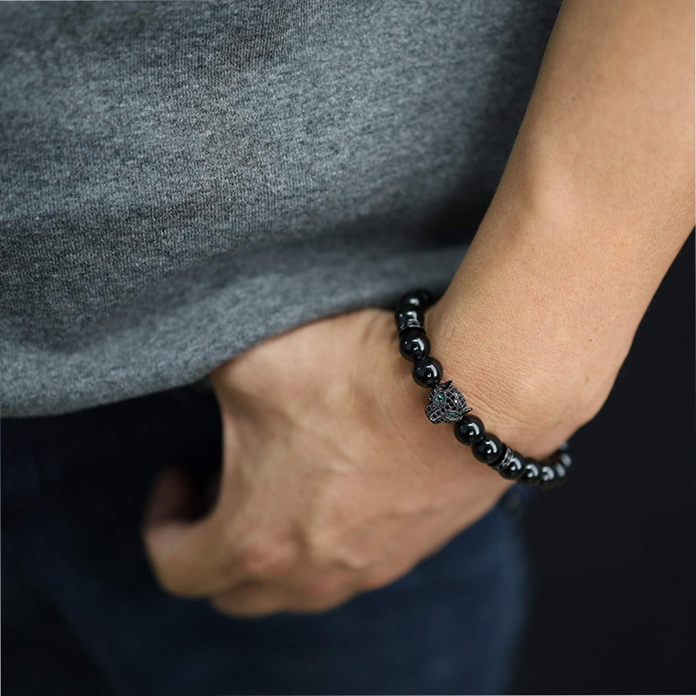 Leopard Head Malachite Bracelet – 8MM Natural Stone Beads CZ Pave Charm Adjustable Men’s Jewelry