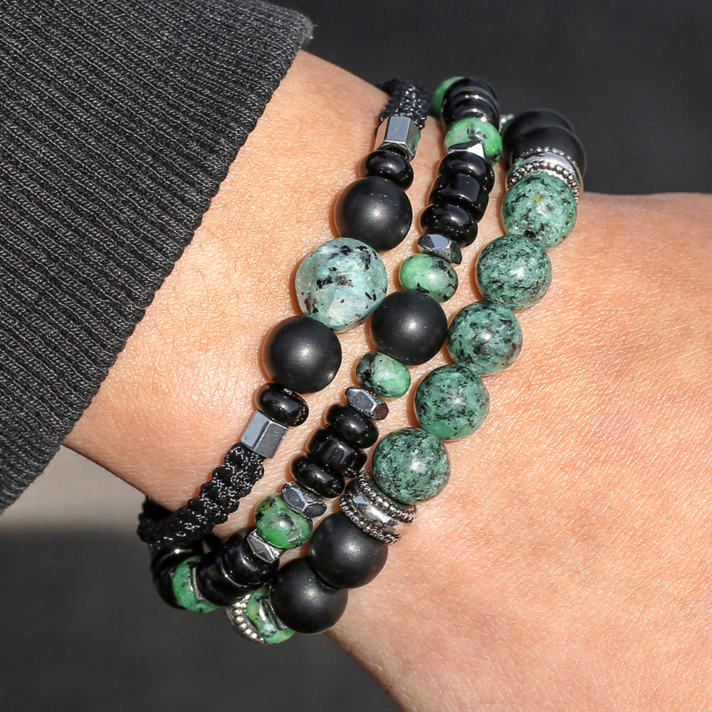 Vintage Stackable Bracelet Set | African Turquoise & Black Onyx Beaded Handcrafted Wristband