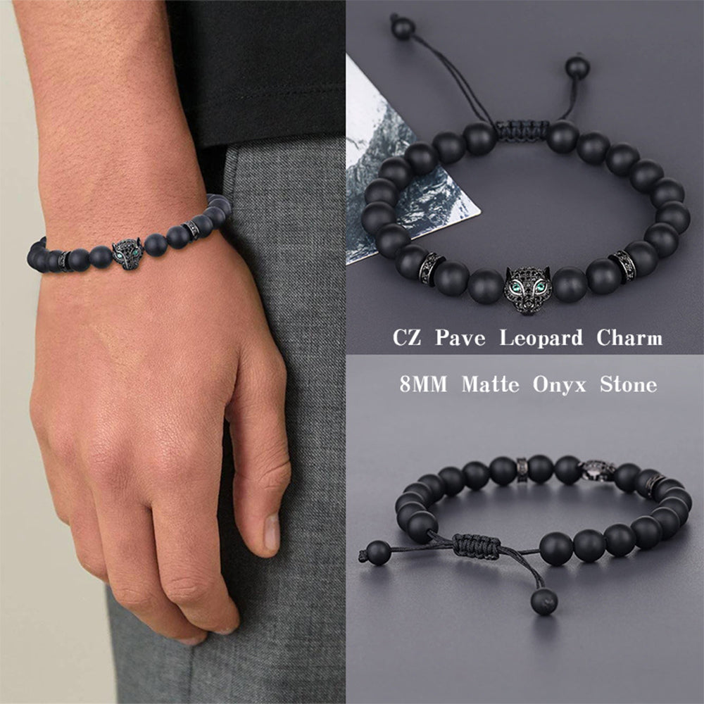 Leopard Head Malachite Bracelet – 8MM Natural Stone Beads CZ Pave Charm Adjustable Men’s Jewelry