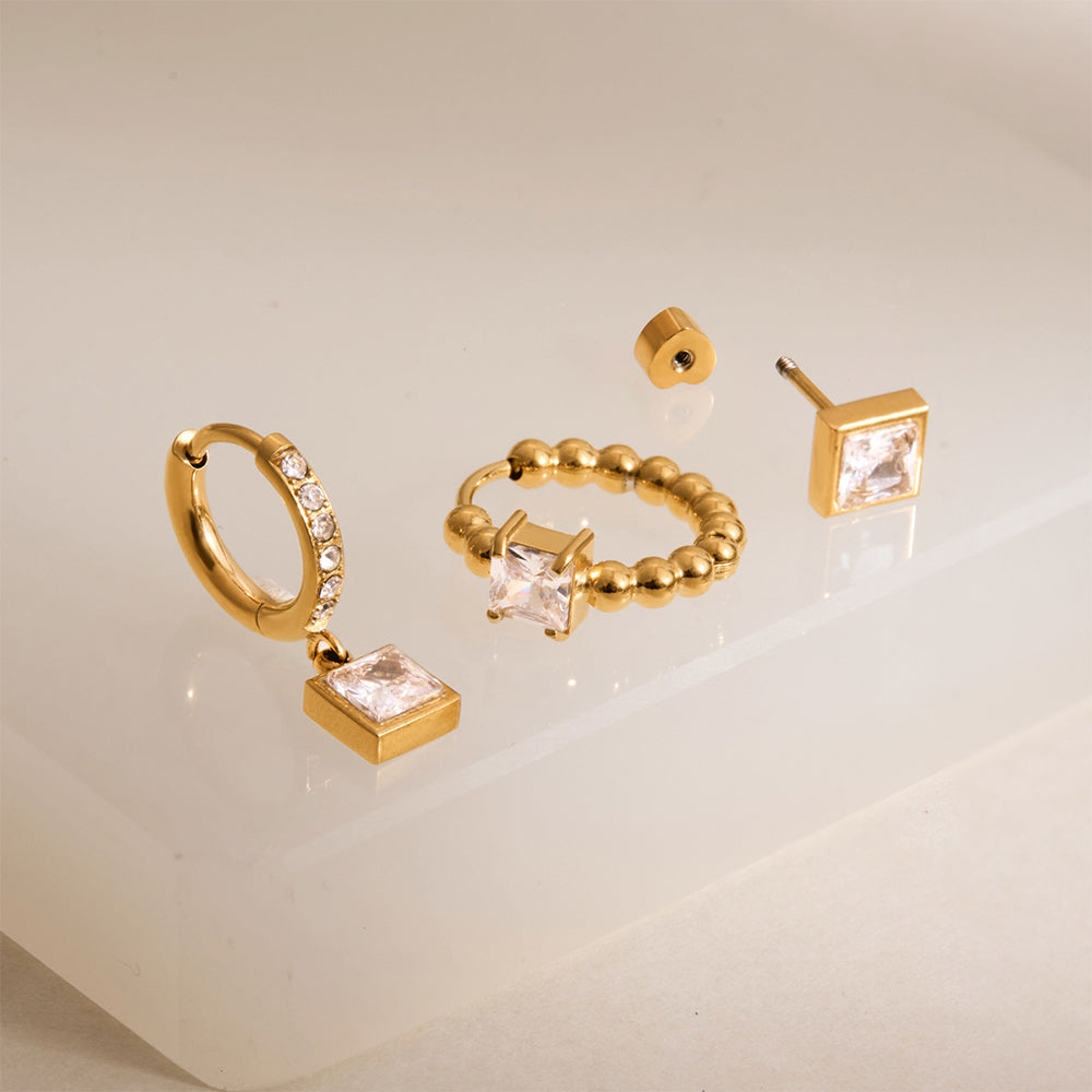 18K Gold Stainless Steel Geometric Stud Earring Set – Waterproof Hypoallergenic Jewelry