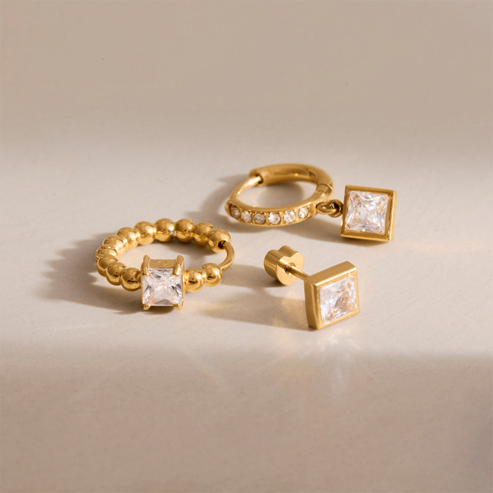 18K Gold Stainless Steel Geometric Stud Earring Set – Waterproof Hypoallergenic Jewelry