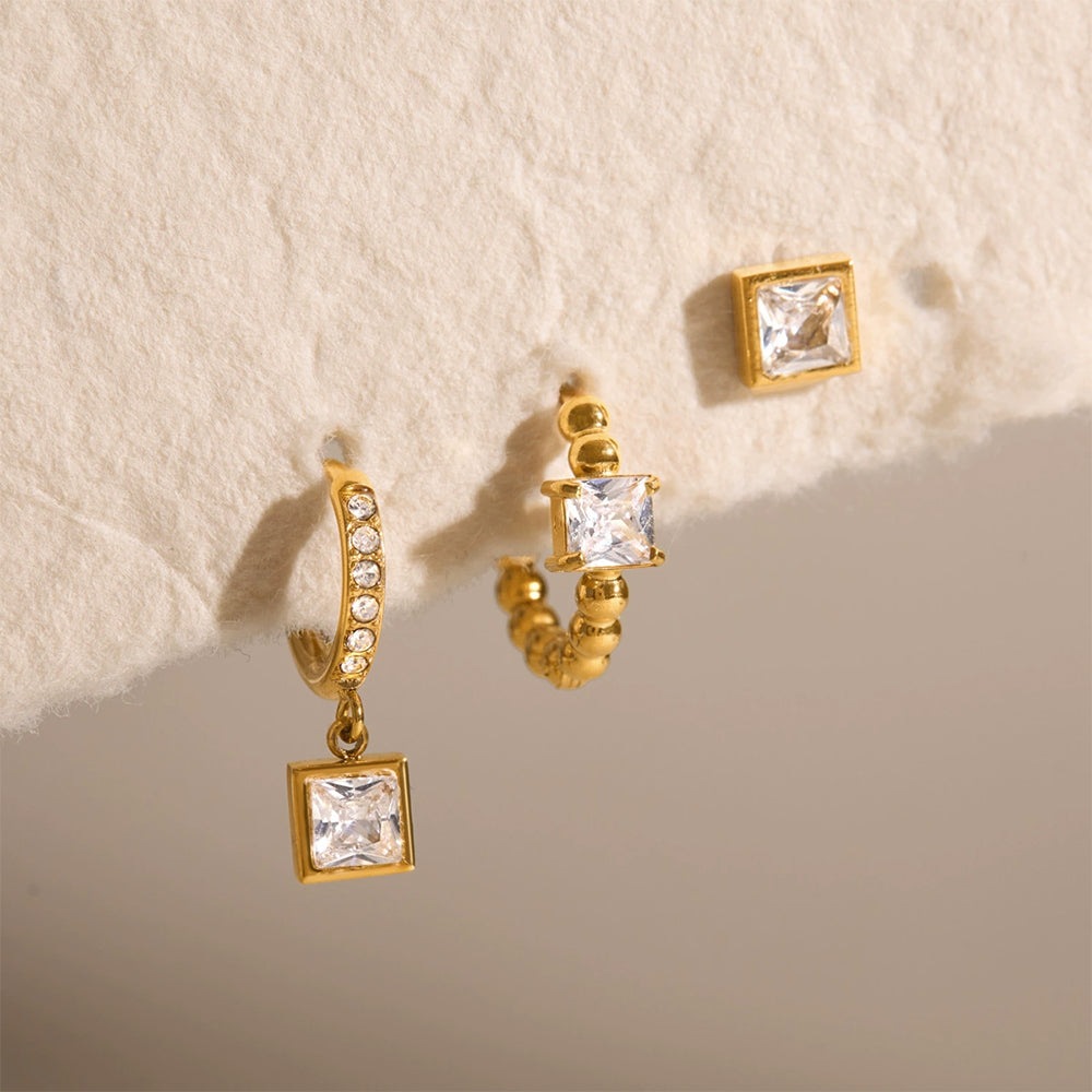 18K Gold Stainless Steel Geometric Stud Earring Set – Waterproof Hypoallergenic Jewelry