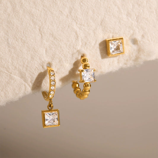 18K Gold Stainless Steel Geometric Stud Earring Set – Waterproof Hypoallergenic Jewelry