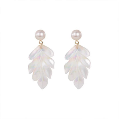French Pearl & White Mother of Pearl Maple Leaf Drop Earrings | Elegant Long Dangle Earrings