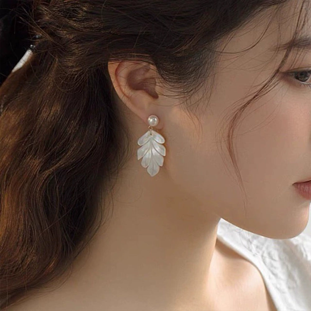 French Pearl & White Mother of Pearl Maple Leaf Drop Earrings | Elegant Long Dangle Earrings