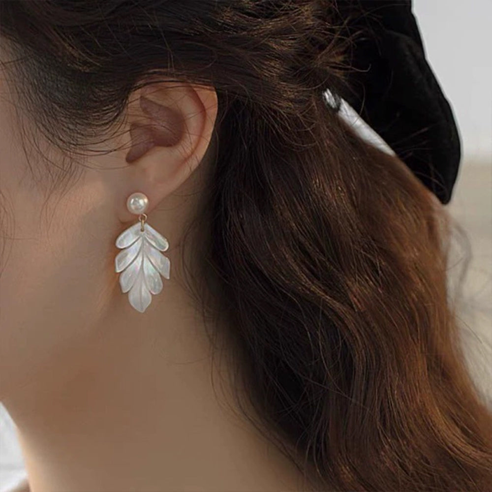 French Pearl & White Mother of Pearl Maple Leaf Drop Earrings | Elegant Long Dangle Earrings