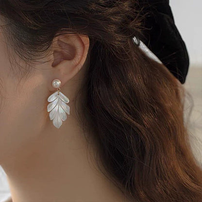 French Pearl & White Mother of Pearl Maple Leaf Drop Earrings | Elegant Long Dangle Earrings