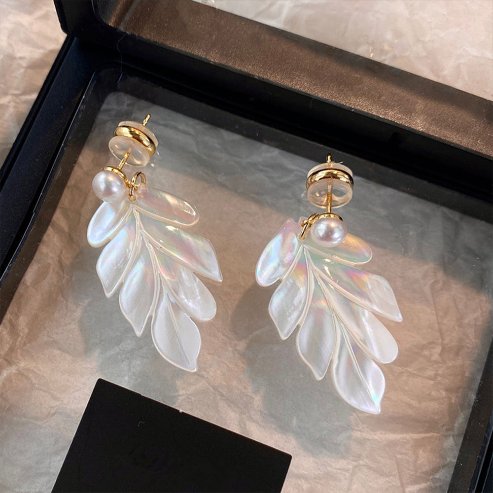 French Pearl & White Mother of Pearl Maple Leaf Drop Earrings | Elegant Long Dangle Earrings