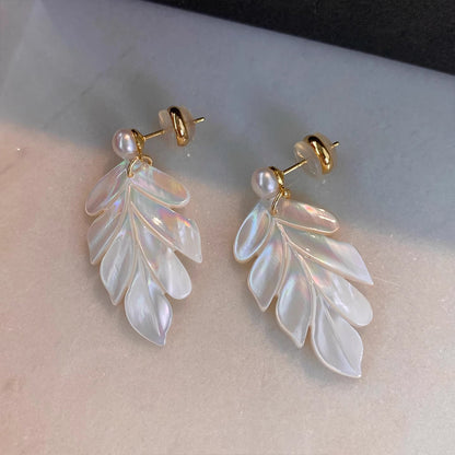 French Pearl & White Mother of Pearl Maple Leaf Drop Earrings | Elegant Long Dangle Earrings
