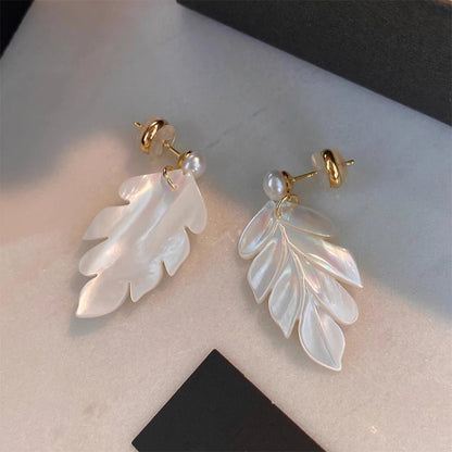 French Pearl & White Mother of Pearl Maple Leaf Drop Earrings | Elegant Long Dangle Earrings