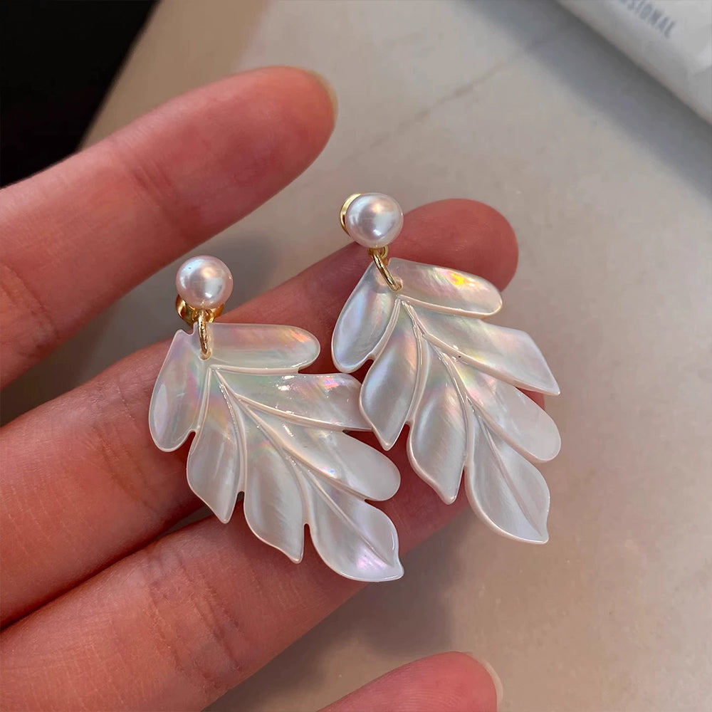 French Pearl & White Mother of Pearl Maple Leaf Drop Earrings | Elegant Long Dangle Earrings