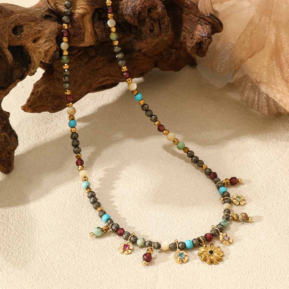 Bohemian-style gemstone floral multi-gem necklace – unique design, stackable choker