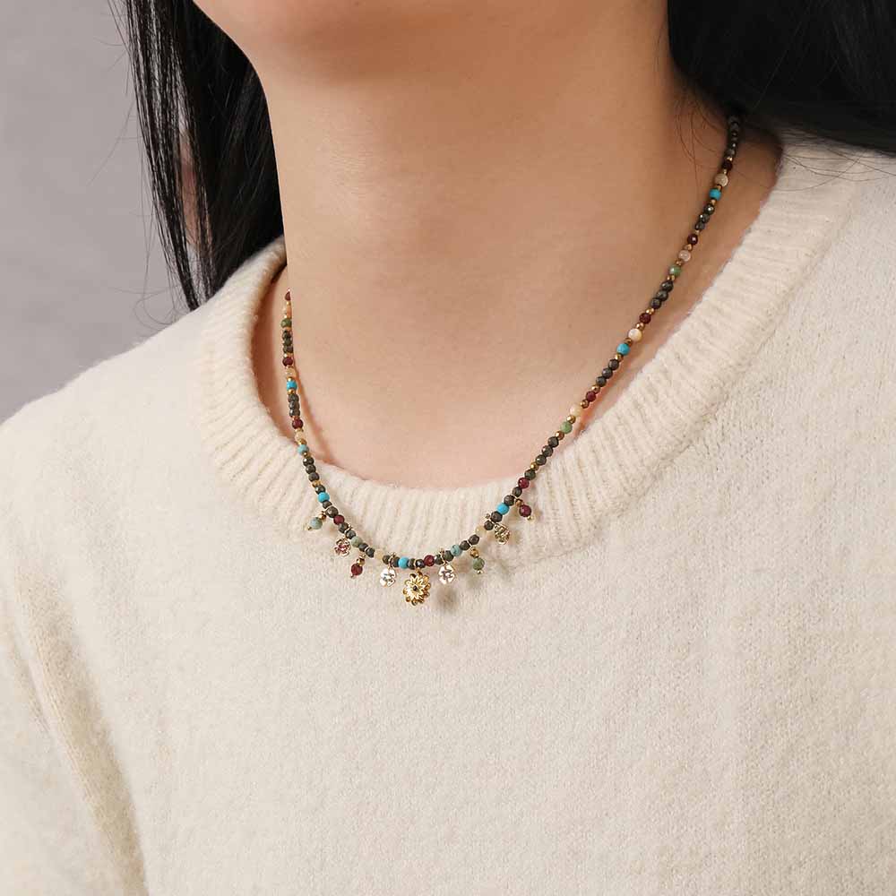 Bohemian-style gemstone floral multi-gem necklace – unique design, stackable choker