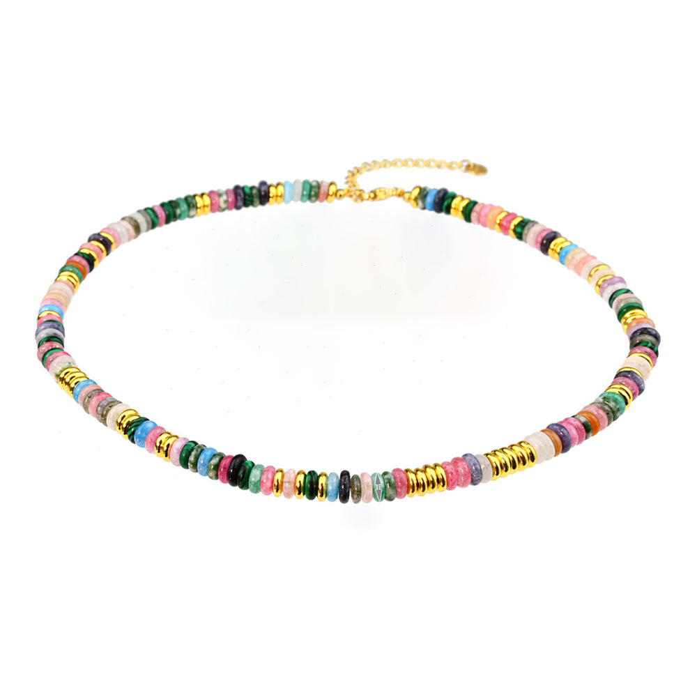 Colorful Natural Stone Disc Beaded Necklace – Semi-Precious Gemstone, Gold Beads, Clavicle Chain