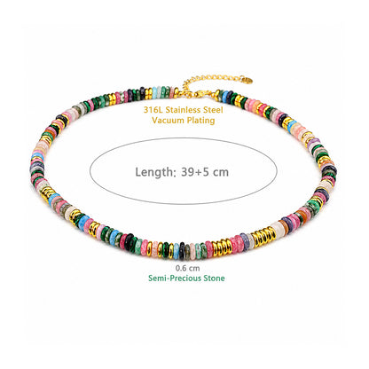 Colorful Natural Stone Disc Beaded Necklace – Semi-Precious Gemstone, Gold Beads, Clavicle Chain