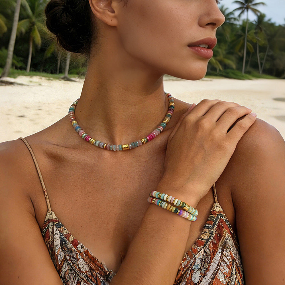 Colorful Natural Stone Disc Beaded Necklace – Semi-Precious Gemstone, Gold Beads, Clavicle Chain