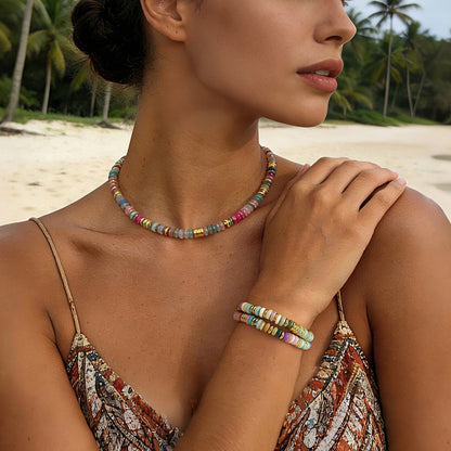 Colorful Natural Stone Disc Beaded Necklace – Semi-Precious Gemstone, Gold Beads, Clavicle Chain