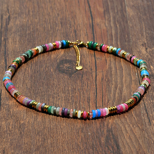 Colorful Natural Stone Disc Beaded Necklace – Semi-Precious Gemstone, Gold Beads, Clavicle Chain