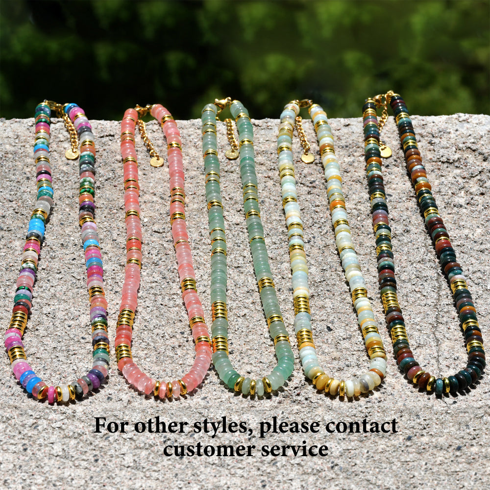 Colorful Natural Stone Disc Beaded Necklace – Semi-Precious Gemstone, Gold Beads, Clavicle Chain