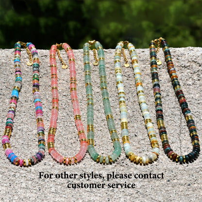 Colorful Natural Stone Disc Beaded Necklace – Semi-Precious Gemstone, Gold Beads, Clavicle Chain