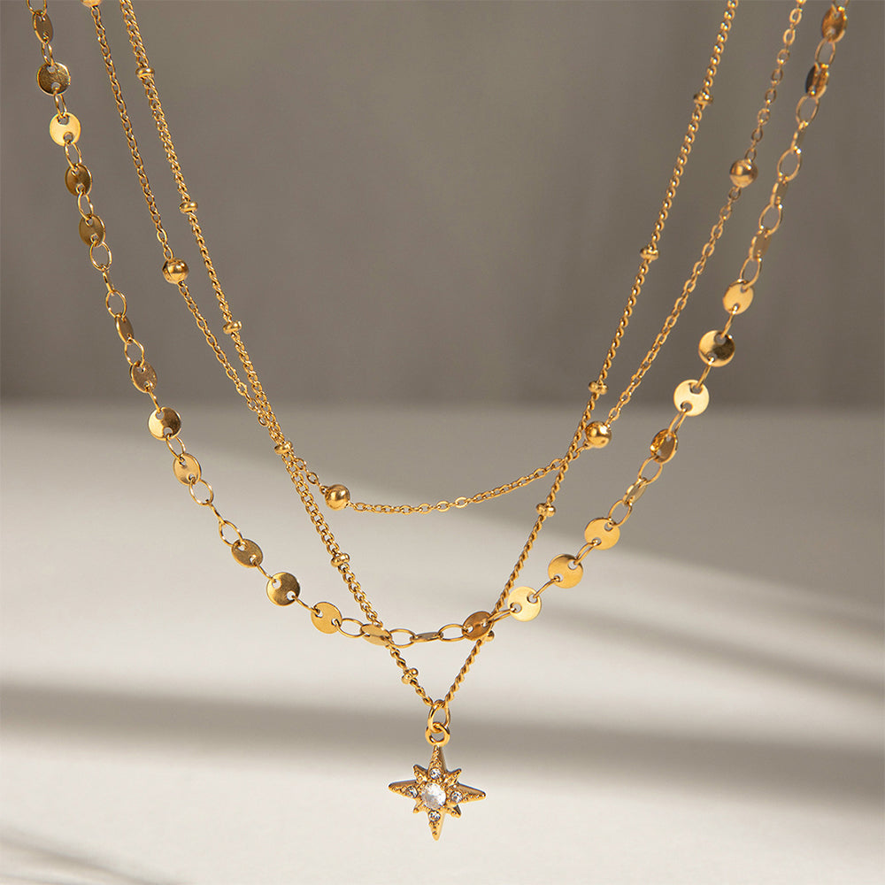 Layered Gold Star Pendant Necklace | Waterproof Stainless Steel Triple-Layer Necklace for Women