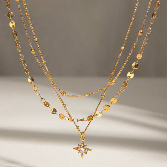 Layered Gold Star Pendant Necklace | Waterproof Stainless Steel Triple-Layer Necklace for Women