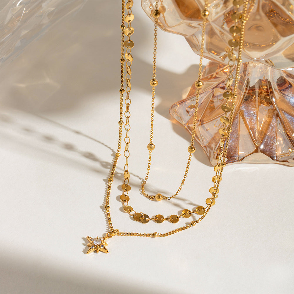 Layered Gold Star Pendant Necklace | Waterproof Stainless Steel Triple-Layer Necklace for Women
