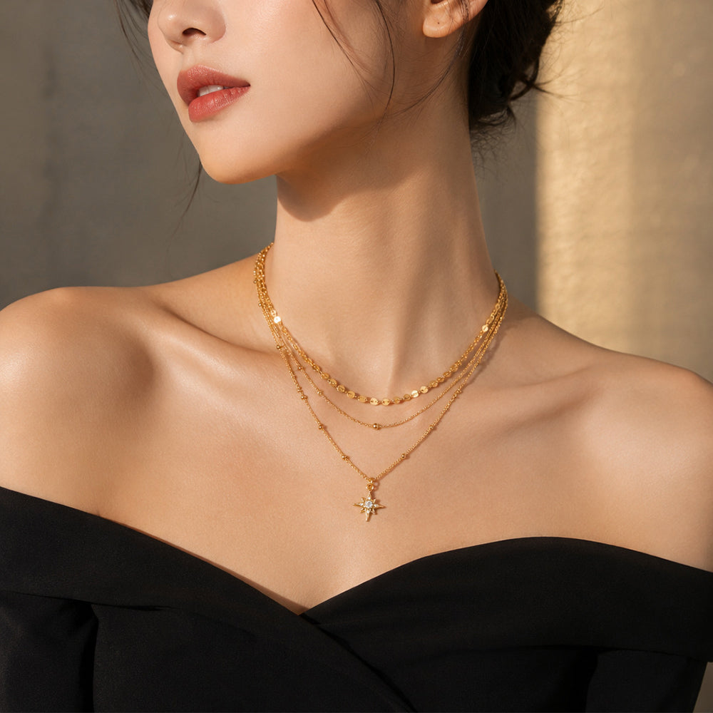Layered Gold Star Pendant Necklace | Waterproof Stainless Steel Triple-Layer Necklace for Women