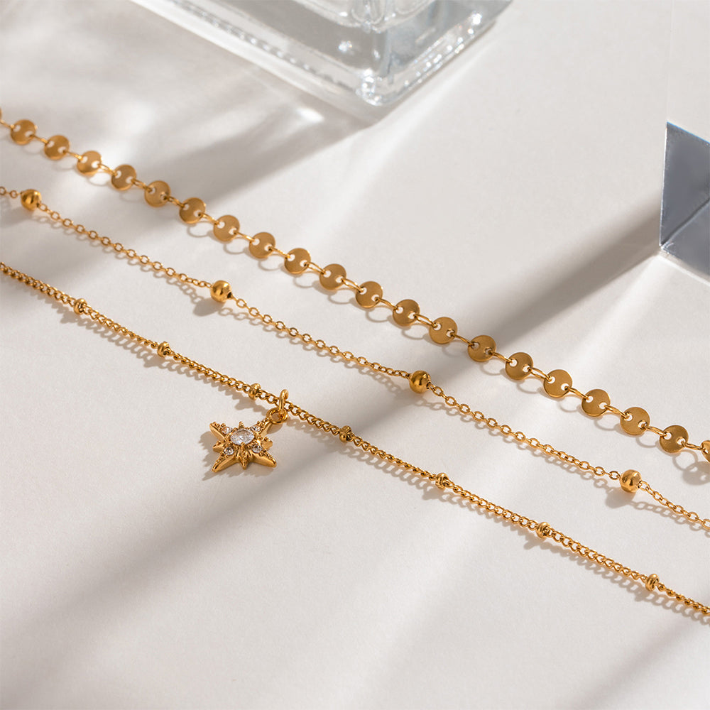 Layered Gold Star Pendant Necklace | Waterproof Stainless Steel Triple-Layer Necklace for Women