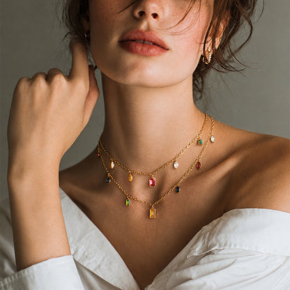 18K Gold Plated Double Layer Geometric Crystal Necklace | Waterproof Stainless Steel Layered Necklace for Women
