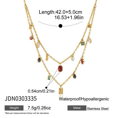 18K Gold Plated Double Layer Geometric Crystal Necklace | Waterproof Stainless Steel Layered Necklace for Women