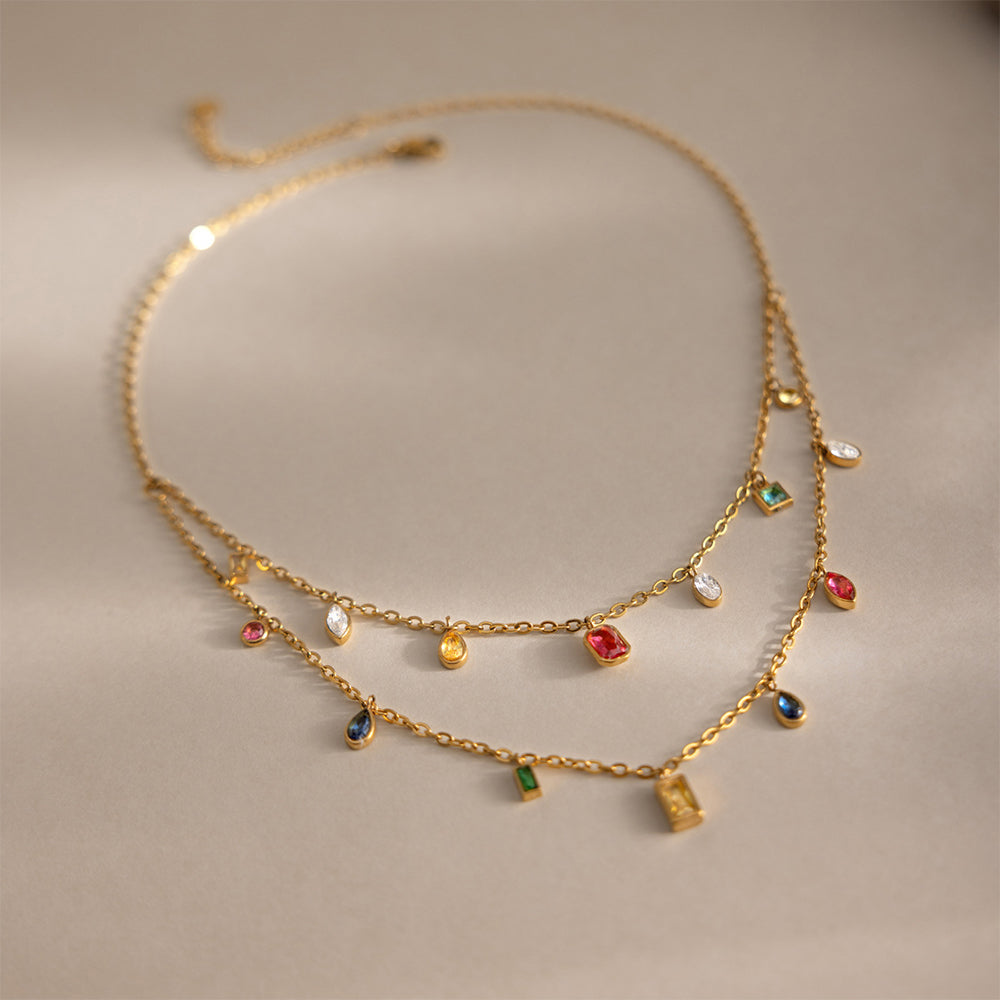 18K Gold Plated Double Layer Geometric Crystal Necklace | Waterproof Stainless Steel Layered Necklace for Women