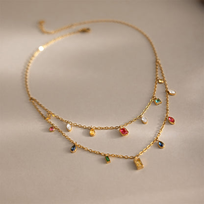 18K Gold Plated Double Layer Geometric Crystal Necklace | Waterproof Stainless Steel Layered Necklace for Women