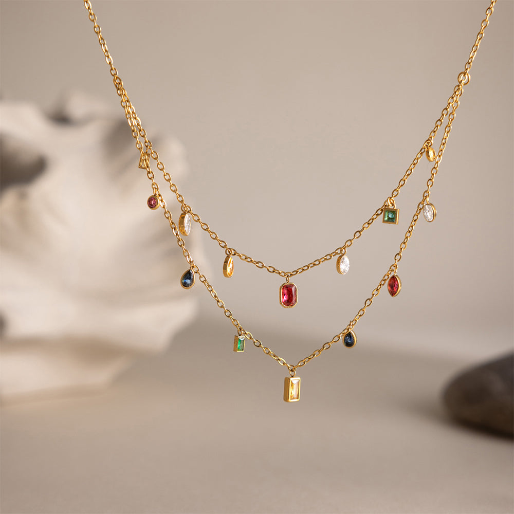 18K Gold Plated Double Layer Geometric Crystal Necklace | Waterproof Stainless Steel Layered Necklace for Women