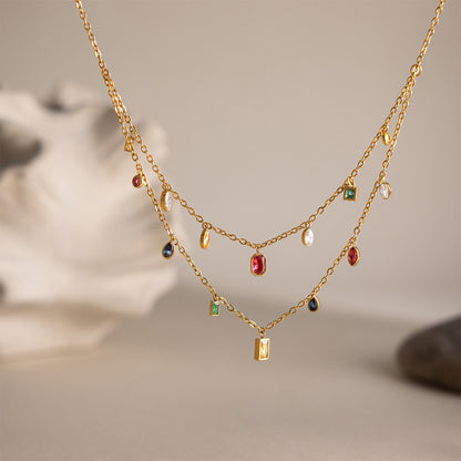 18K Gold Plated Double Layer Geometric Crystal Necklace | Waterproof Stainless Steel Layered Necklace for Women