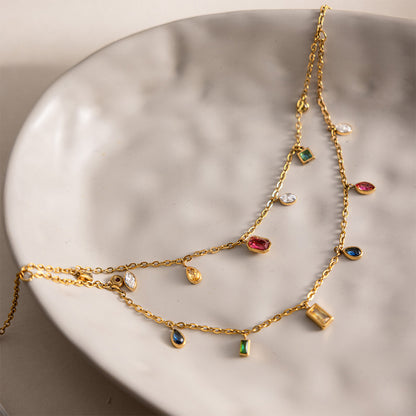 18K Gold Plated Double Layer Geometric Crystal Necklace | Waterproof Stainless Steel Layered Necklace for Women