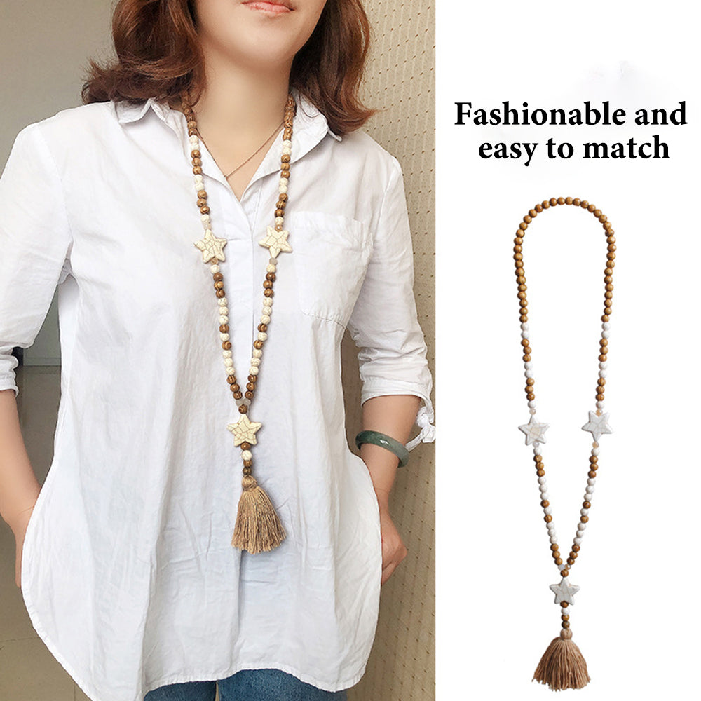 Vintage ethnic style wooden bead sweater chain