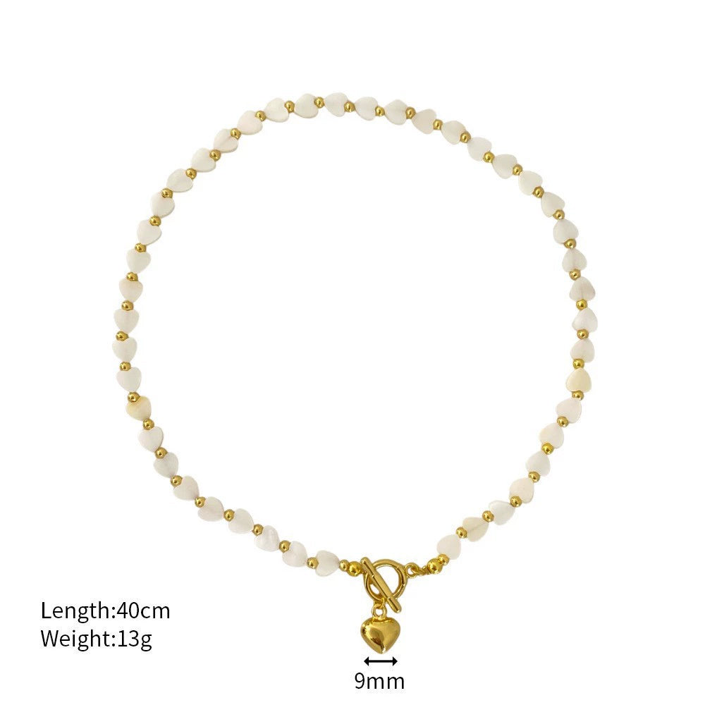 Freshwater Mother of Pearl Heart Necklace | 18K Gold-Plated OT Clasp Beaded Necklace for Women