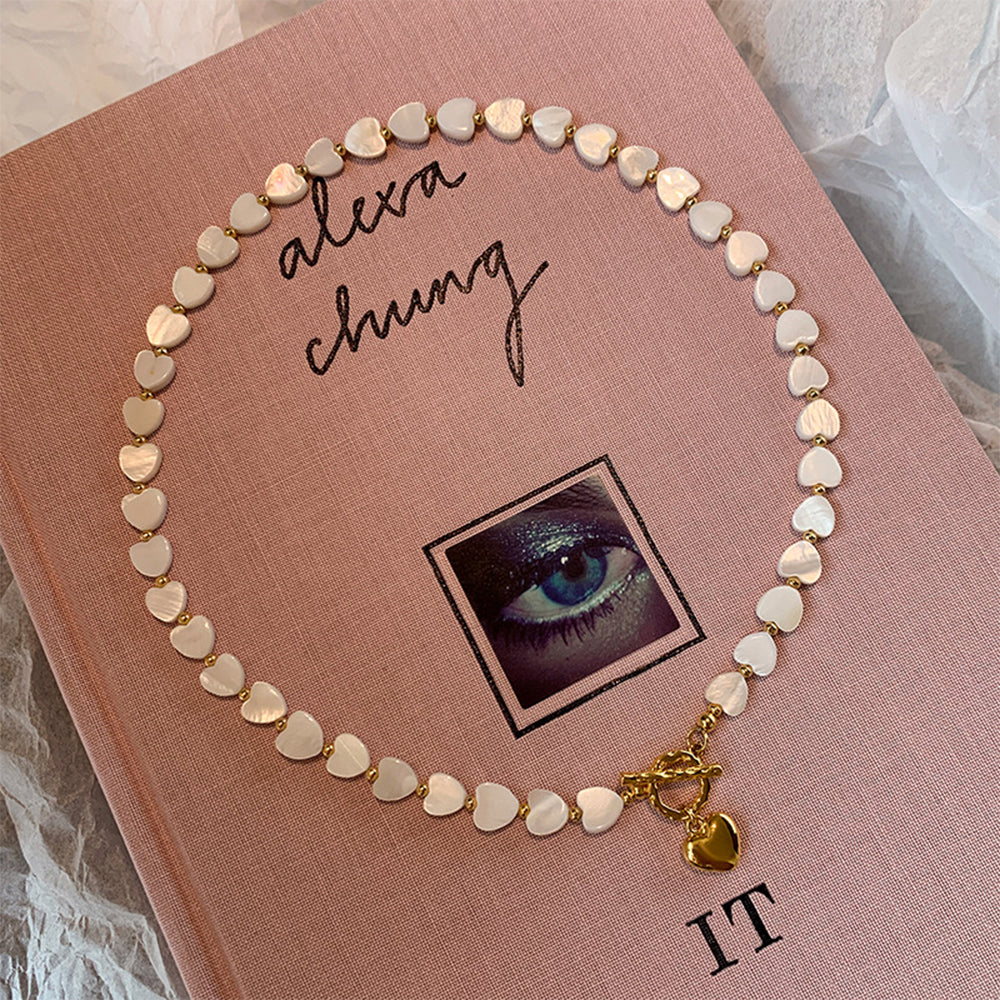 Freshwater Mother of Pearl Heart Necklace | 18K Gold-Plated OT Clasp Beaded Necklace for Women