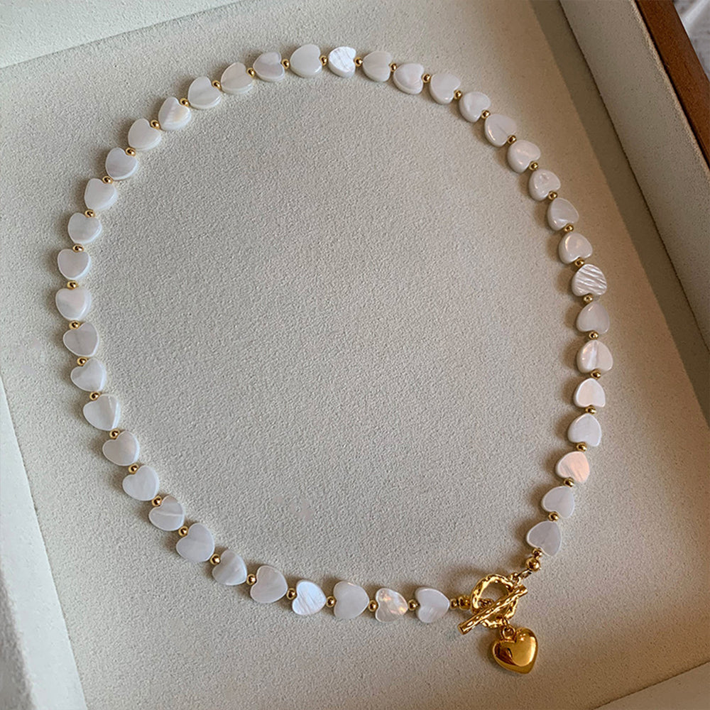 Freshwater Mother of Pearl Heart Necklace | 18K Gold-Plated OT Clasp Beaded Necklace for Women