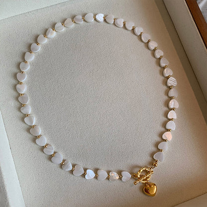 Freshwater Mother of Pearl Heart Necklace | 18K Gold-Plated OT Clasp Beaded Necklace for Women