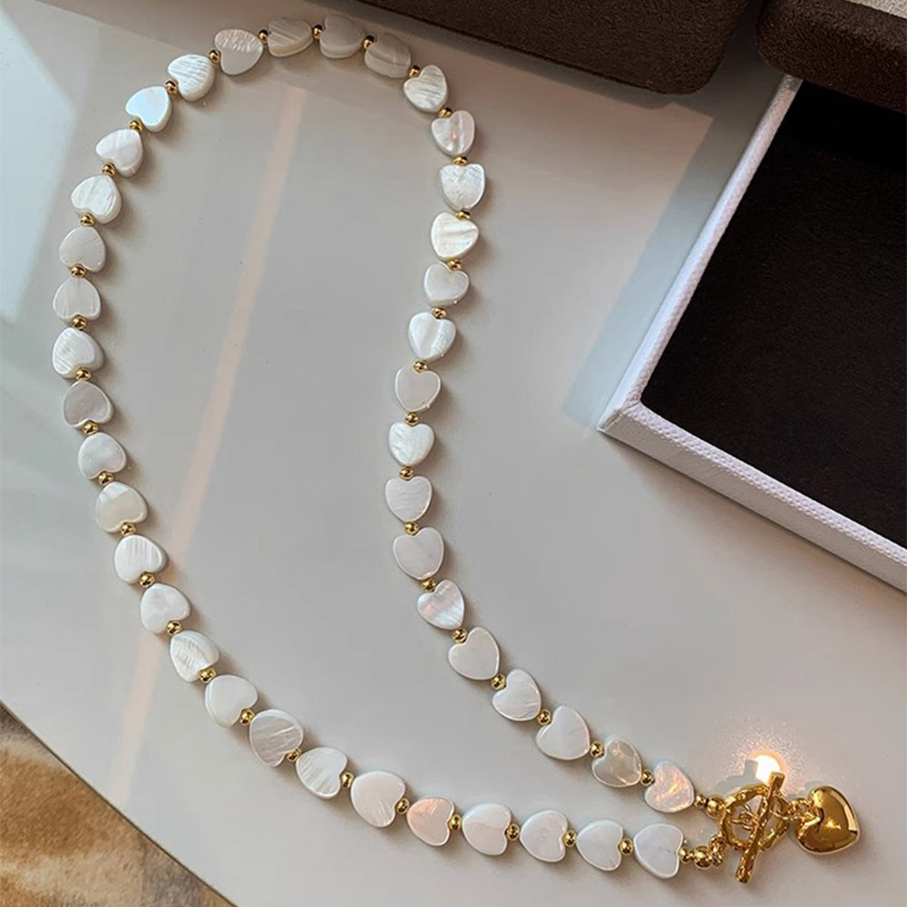Freshwater Mother of Pearl Heart Necklace | 18K Gold-Plated OT Clasp Beaded Necklace for Women