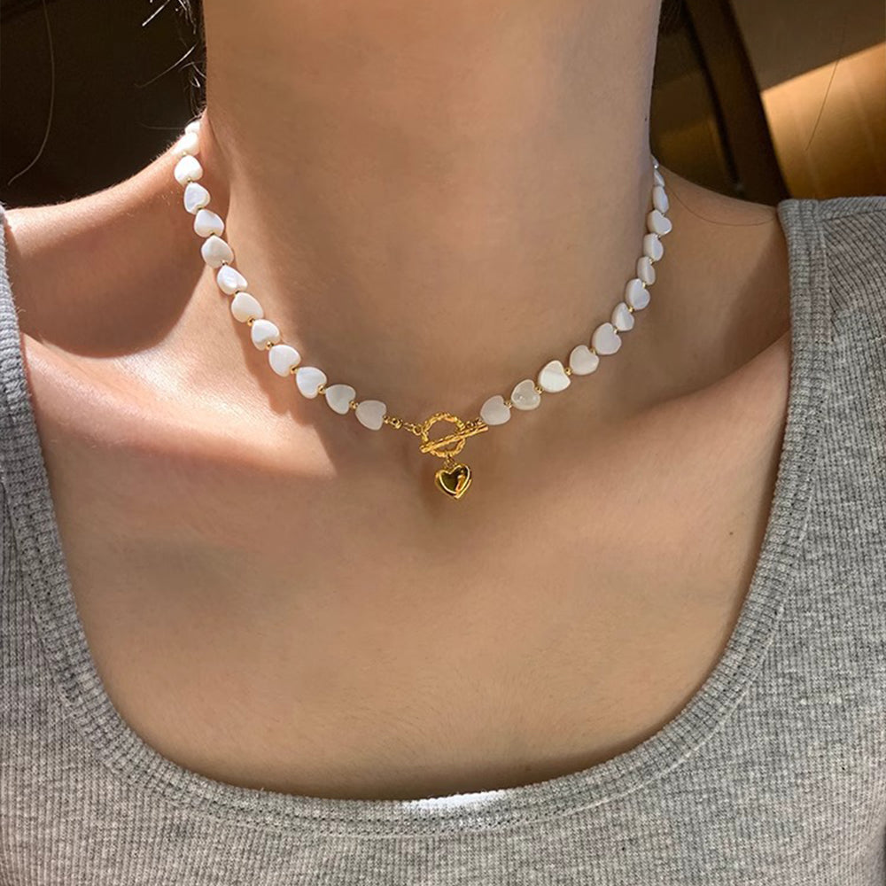 Freshwater Mother of Pearl Heart Necklace | 18K Gold-Plated OT Clasp Beaded Necklace for Women