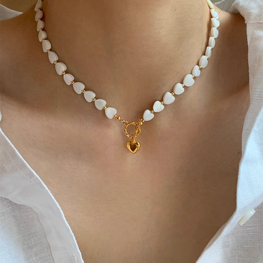 Freshwater Mother of Pearl Heart Necklace | 18K Gold-Plated OT Clasp Beaded Necklace for Women